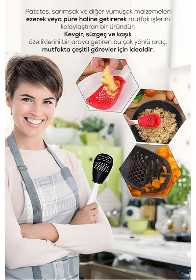 Vienev Çok Fonksiyonlu Patates Sarımsak Ezici Kevgir Kaşık Antrasit