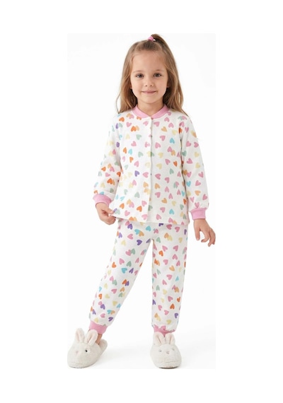 Bebegen Kız Çocuk Ekru Pembe Renkli Kalpli Desenli Çıtçıtlı Pijama Takımı Çok Renkli