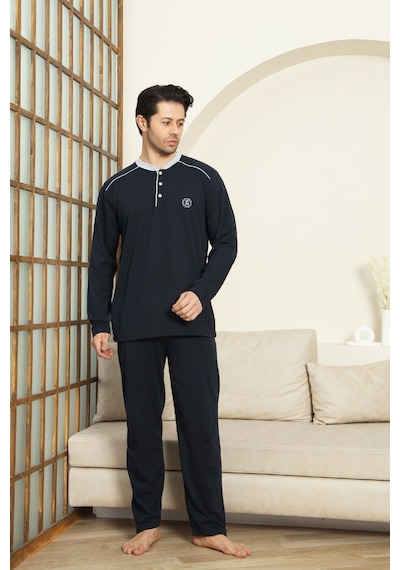 Enisena Erkek %100 Pamuklu Pijama Takımı-3 Düğmeli-12440 Koyu Lacivert