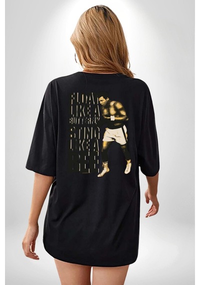 Kelebek Gibi Uçar Arı Gibi Sokarım Ali Boks Siyah Oversize Unisex Ön Ve Sırt Baskılı Tişört Siyah