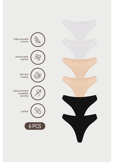 Auw Kadın Lastiksiz Pamuklu Modal Basic V-tanga 6'lı - Softfit Beyaz,ten,siyah