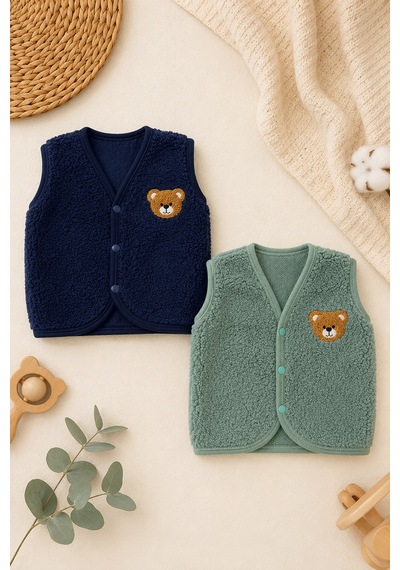 Beniizle Ayıcık Nakışlı Çıtçıtlı Welsoft Unisex 2'li Bebek Yelek Yeşil