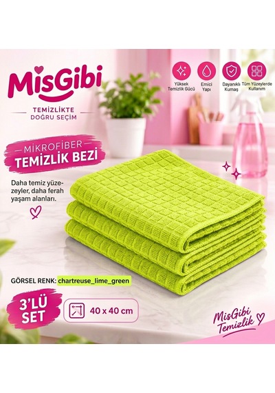 Misgibi Profesyonel 3'lü Mikrofiber Temizlik Bezi Kareli Doku, Güçlü Emicilik, İz Ve Tüy Bırakmayan Bez Yeşil