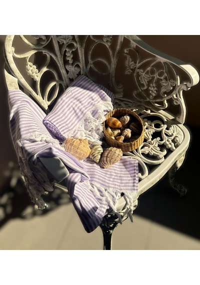 Ağcabay Denizli %100 Pamuklu 100x200cm Boho Stil Lila Çizgili Plaj Ve Havuz Peştemali, Şık Plaj Havlusu Açık Bej - Lila