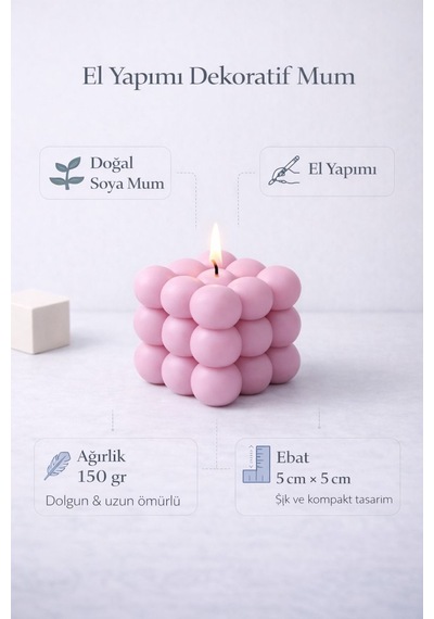 Dekoratif Lüks Soya Mum, El Yapımı Doğal Mum Uzun Yanma Süreli Şık Ev Hediyesi, Ev Süsü Pembe 140 G Pembe