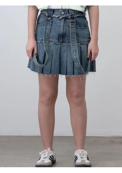 Kız Çocuk Askılı Pileli Tasarım Denim Etek-15535 Mavi