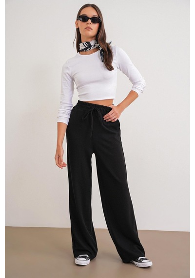 Mixray 4757 Kadın Lastikli Bol Paça Örme Dökümlü Selanik Pantalon Siyah Siyah