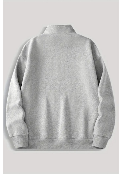 Gri Fermuarlı Dikyaka Sweatshirt- Yıldız - Kışık Şardonlu Kumaş Gri