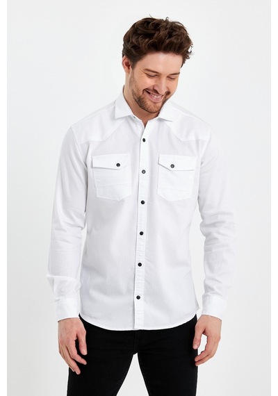 Cool Tarz Erkek Beyaz Çift Cepli Çıt Çıt Düğmeli Slim Fit Kot Gömlek Beyaz Beyaz