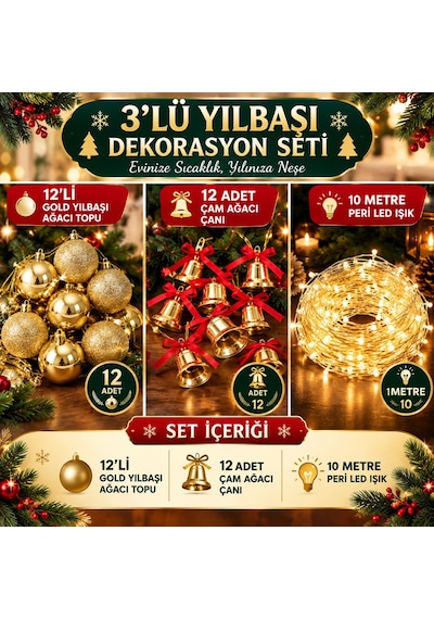 3'lü Yılbaşı Ağacı Süs Seti 12 Li Gold Çam Ağacı Topu 12 Adet Çam Ağacı Çanı 10 Metre Peri Led Işık Diğer
