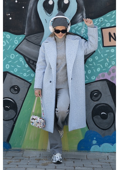 Lela Oversize Fit Mono Yaka Düğmeli Buklet Uzun Kaşe Bayan Kaban 6810236 Bebe Mavi