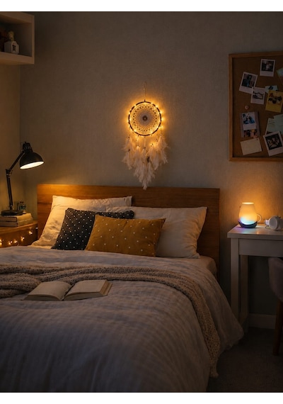 Led Işıklı Düş Kapanı Dreamcatcher Beyaz Kuş Tüyü Rüya Kapanı Duvar Süsü Elişi Beyaz