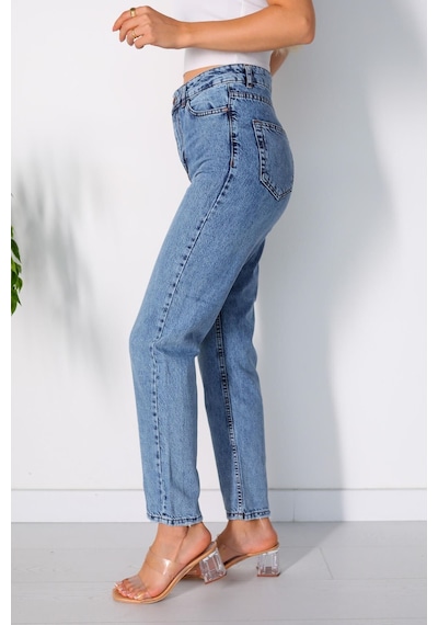 Yüksek Bel Likralı Mavi Mom Jeans Kot Pantolon Mavi