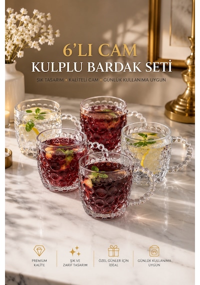 6 Lı Cam Kulplu Desenli Kupa Meşrubat Kokteyl Bardak 300ml