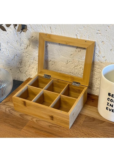 Lexroo Bambu 6 Bölmeli Çay Kutusu -%100  Bambu Mıknatıslı Kapak 21x16,5 X7cm Çok Renkli