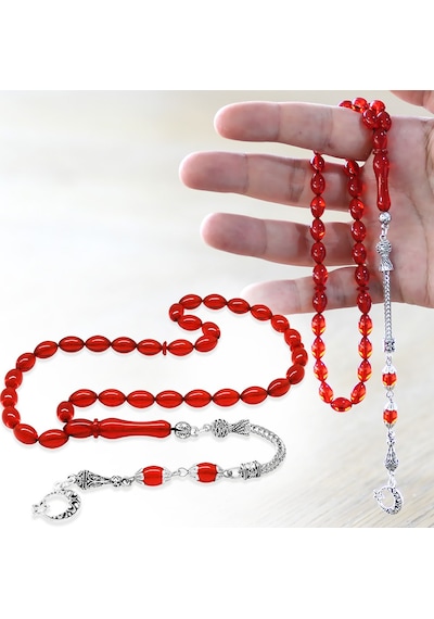 Tesbihname Ateş Kehribar Tesbih - Metal Püskül - Özel Hediye Kutulu - Arpa Kesim - Amber Kırmızı Renk