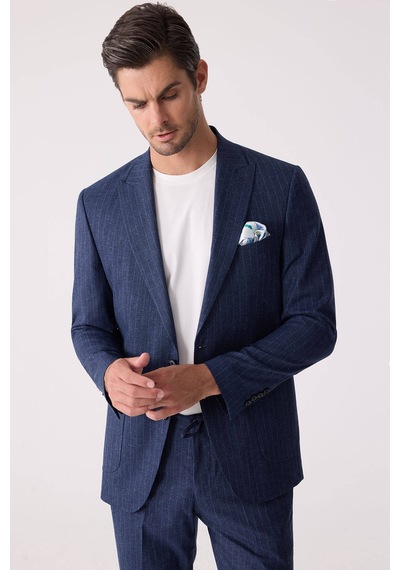 Erkek Mavi Slim Fit Çizgili Torba Cep Jogger Pantolonlu Sivri Yak