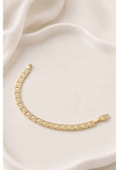 Balenbi Jewelry Kadın Taşlı Dalga Desenli Geometrik Plaka Kararmaz Çelik Bileklik 14k Gold 1139 Altın