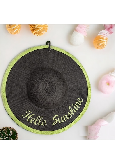 Kadın Hasır Plaj Şapkası Natural Black Sute Bucket Hat Plaj Havuz Siyah
