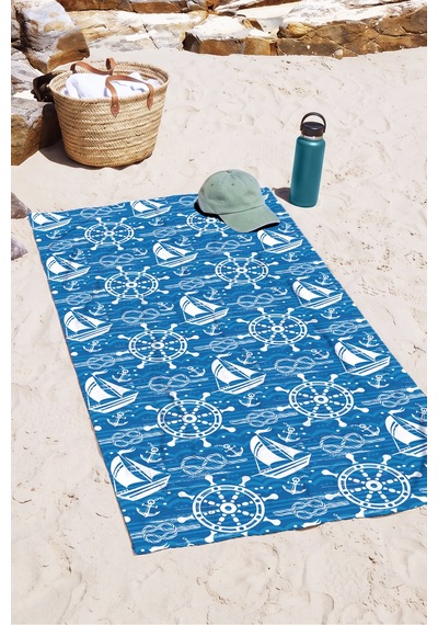 Yelkenli Çapa Dümen Temalı Plaj Havlusu-marine Mavi Beyaz Havuz Deniz Hızlı Kuruyan Mikrofiber Havlu Kuru Mimoza