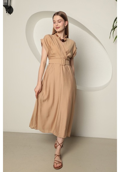 Rabia Çelik Kemerli Midi Nude Elbise Nude Nude