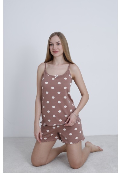 Mihra Kadın İp Askılı Şortlu Yazlık Pijama Takımı Kahverengi