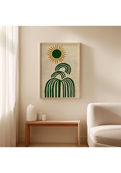 Soyut Güneş Posteri, Orta Çağ Modern Duvar Sanatı, Minimalist Botanik Baskı, Yeşil Nötr Dekor, İskandinav Boho Sanat Baskısı