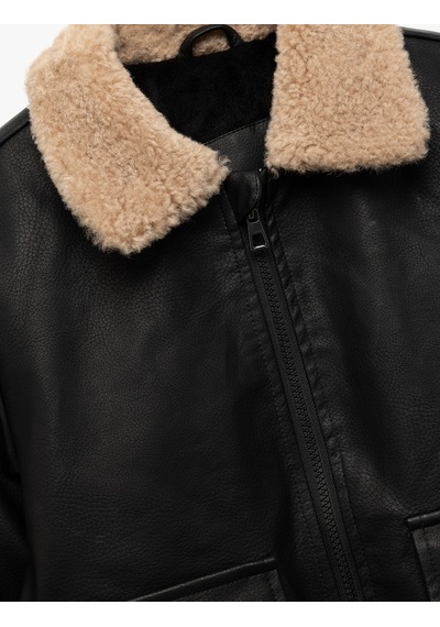 Koton Fermuarlı Peluş Yaka Cepli Bomber Deri Ceket Siyah 6wkb20007tw Siyah