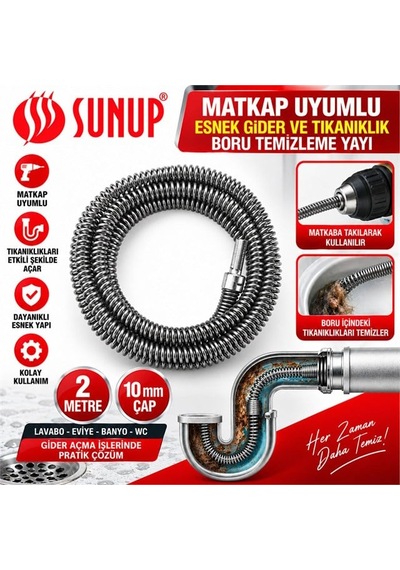 Sn-38808 2 Metre 10 Mm Matkap Uyumlu Esnek Gider Tıkanıklık Boru Temizleme Yayı Standart