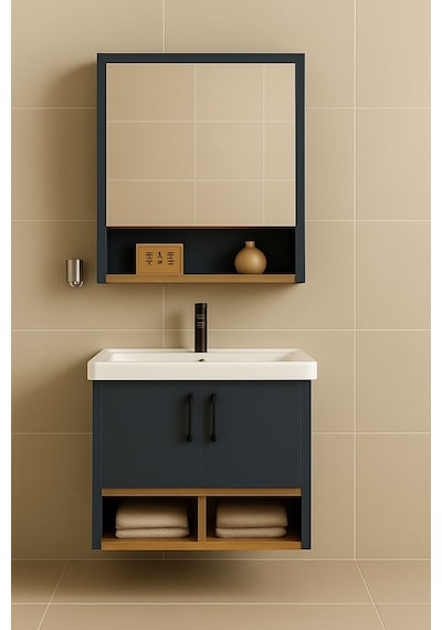 Dmz Home Concept Legna 65 Cm Banyo Dolabı Takımı Antrasit & Ahşap Mdf Seramik Lavabolu Alt Ve Üst Dolaplı