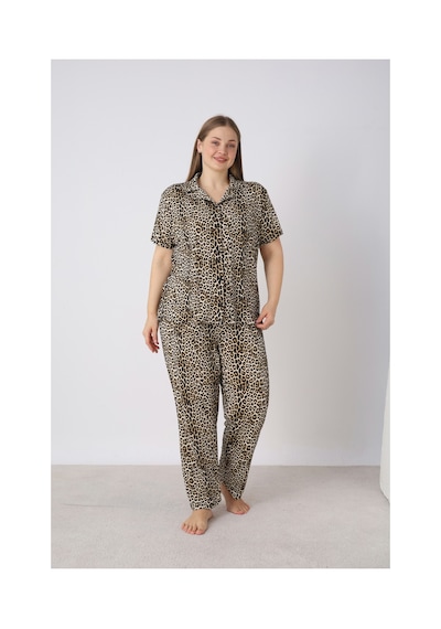 Estiva Kadın Kaplan Desenli Kahverengi Kısa Kollu Önden Düğmeli Soft Battal Pijama Takımı Çok renkli
