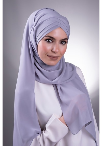 Hürrem Bone Gri Arkadan Bağlamalı Şal Şifon Çapraz Üç Bantlı 1457_15