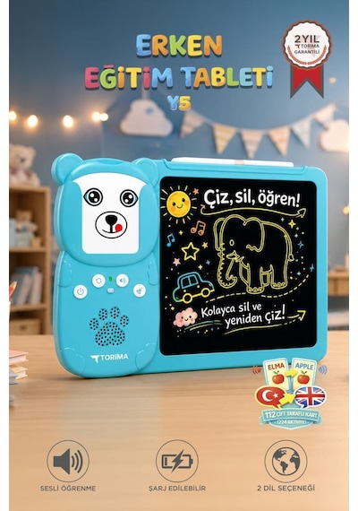 İngilizce Sesli Erken Eğitim Çocuk Tableti 8 İnç Lcd Çizim Tahtası 112 Çift Taraflı Kartlı Y5 Mavi
