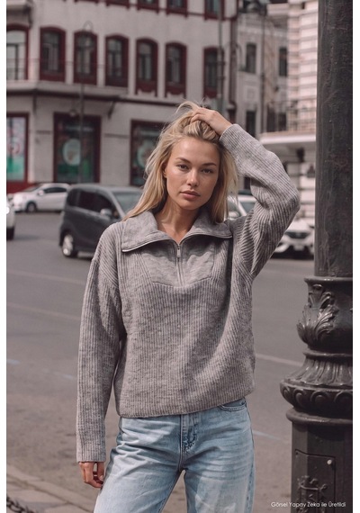 Kadın Gri W6-12 Oversize Fermuarlı Triko Kazak