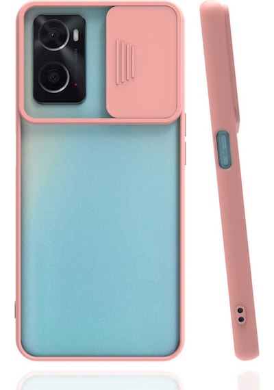 Noktaks - Oppo A96 4g Uyumlu - Kılıf Slayt Sürgülü Arkası Buzlu Lensi Kapak - Pembe Açık