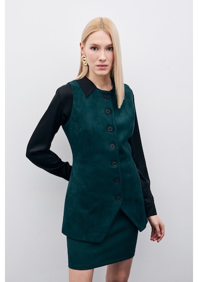 Sateen Düğmeli Uzun Süet Yelek - Zümrüt-135507 Zümrüt Zümrüt Yeşili