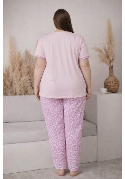 Pemilo Kadın 2005-8 Büyük Beden Kısa Kol Likralı Pijama Takımı Pudra