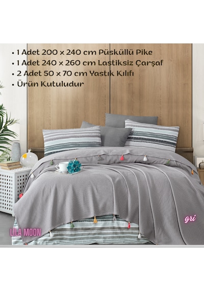 Valeria Tassel Gri Renkli Çift Kişilik Püsküllü Pike Takımı Gri