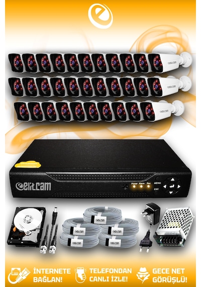 Elitcam 32 Kameralı Kare 32 Dış Kamera Set 1 TB HDD Full HD Gece Görüşlü Güvenlik Kamerası Sistemi