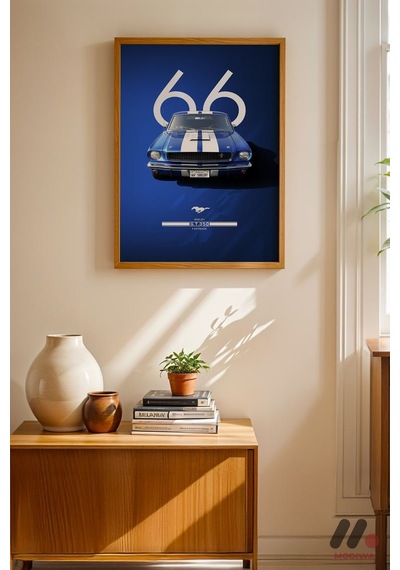 Ford Mustang 1966 Mavi Poster, Ahşap Çerçeveli Duvar Tablosu - Oto Severlere Özel Hediye