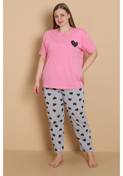 Wordex Mirano 4515 Kalpli Kısa Kollu Pamuklu Penye Büyük Beden Kadın Pijama Takımı Fuşya