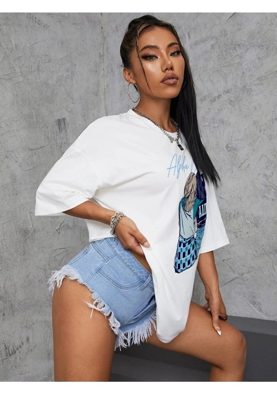 Flood Of Style Kadın Beyaz Best Friend Baskılı Oversize Tshirt