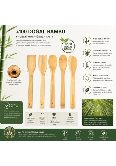 Tr 5 Parça Bambu Mutfak Kaşık Seti %100 Doğal, Çizilmeye Karşı Korumalı, Isıya Dayanıklı, Hafif, Ergonomik