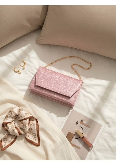 Vivaq Kadın Pembe Simli Zarf Tasarım 2 Bölmeli Mini Zincir Askılı Çıt Çıt Kapama Clutch Ve El Çantası