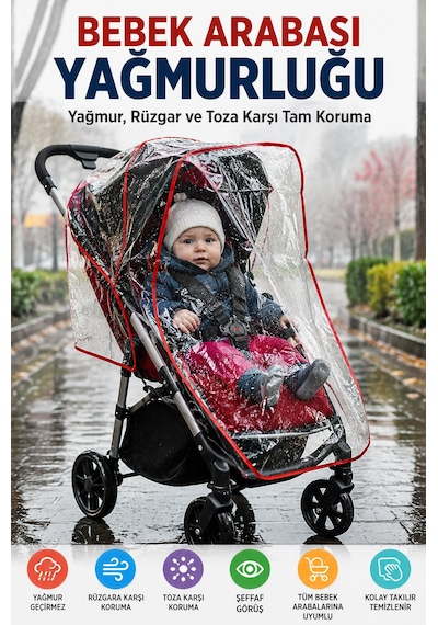 Kırmızı Şeritli Universal Bebek Arabası Yağmurluğu Şeffaf Pvc Yağmur Rüzgar Toz Koruyucu Kılıf