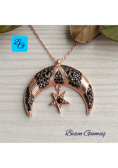 Oniks Taşlı Rose Siyah Ayyıldız Kolye Rose - Gold -  Gümüş