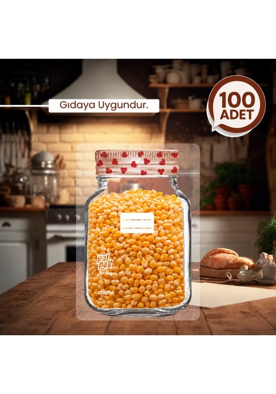 Kalp Desenli Büyük Boy Kavanoz Görünümlü Kilitli Doypack Saklama Poşeti 17x27cm - 1000ml 100 Adet