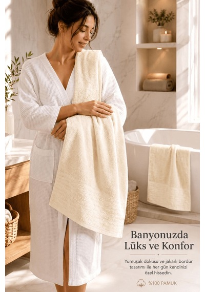 2'li Büyük Boy Banyo Havlusu 90x150 Cm %100 Pamuk Siena Collection 650 Gr Krem