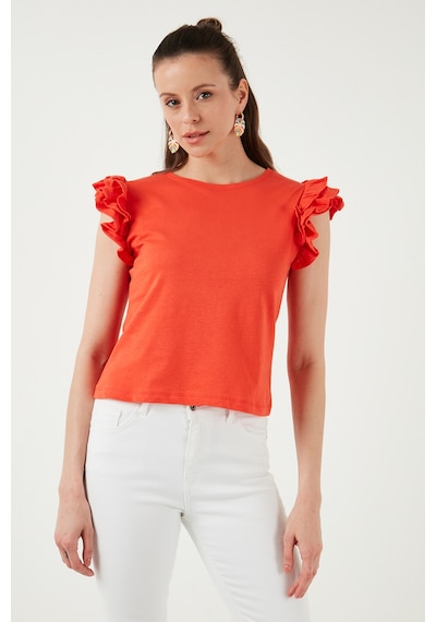 Lela Pamuklu Kolları Fırfırlı Slim Fit Bisiklet Yaka Bayan T Shirt 5864500 Nar Çiçeği