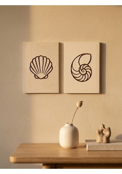 Maris Relief 2'li Duvar Sanatı Seti - Modern Minimalist Deniz Kabuğu Motifli Kazıma Tablo